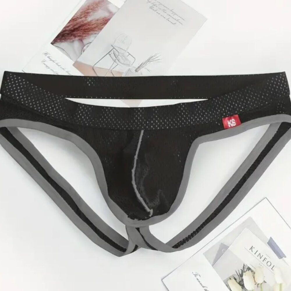 Men's Karen Space Hipster Mesh Thong Jockstrap L black with gray trim